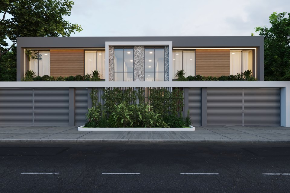 Le projet de Bingerville Delacelle vu depuis la rue : deux duplex derrière un mur-rideau de lames, en image de synthèse.